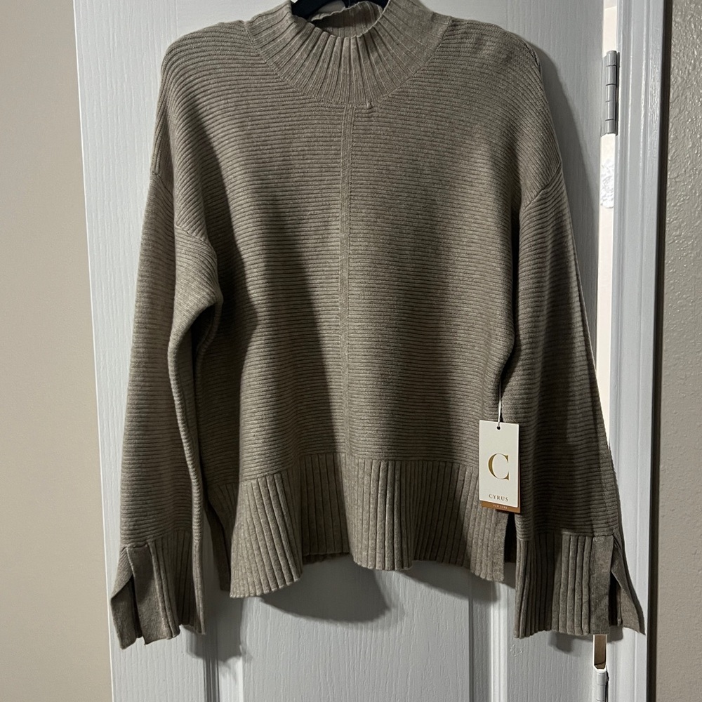 Cyrus Taupe Ribbed Mock Neck Sweater
